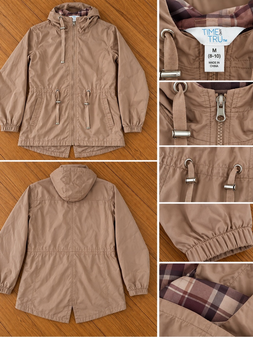 Time and Tru Women’s M 8-10 Tan Hooded Utility Rain Jacket Cinch Waist